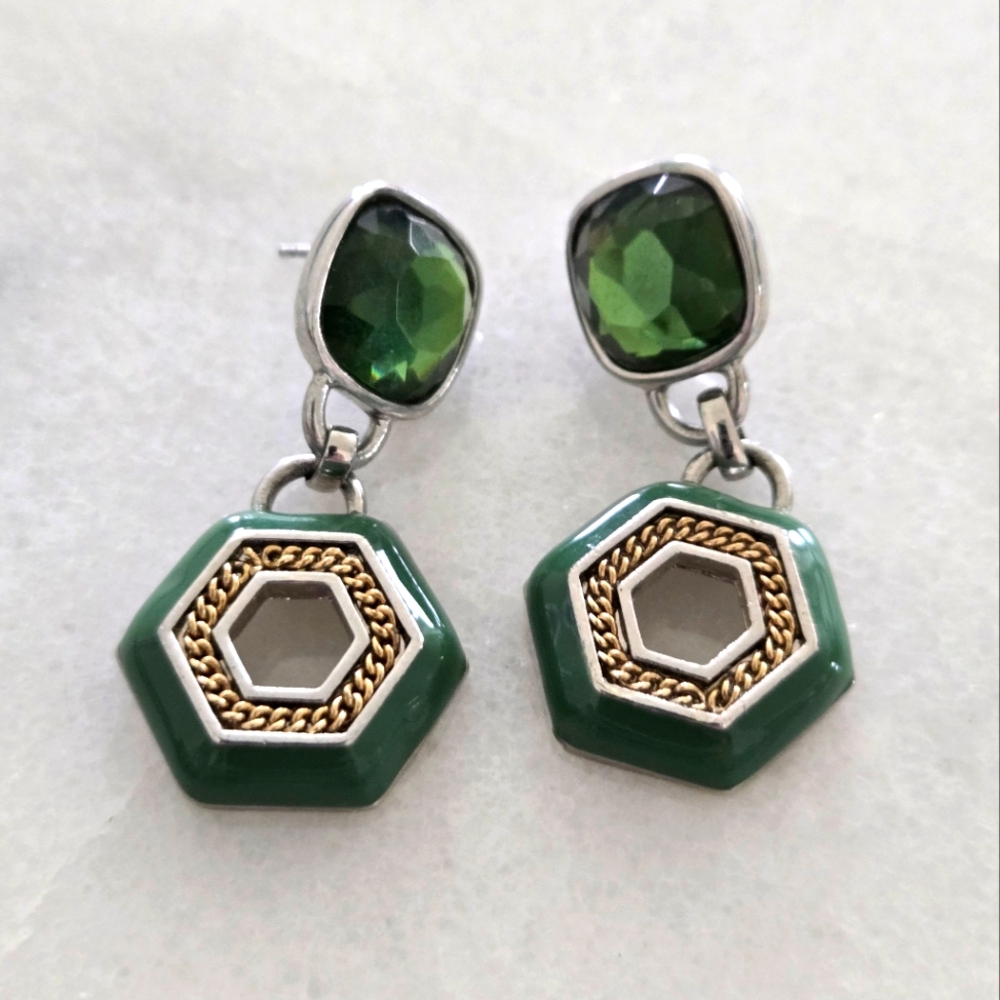 Elegant Green and Gold Hexagon Earrings